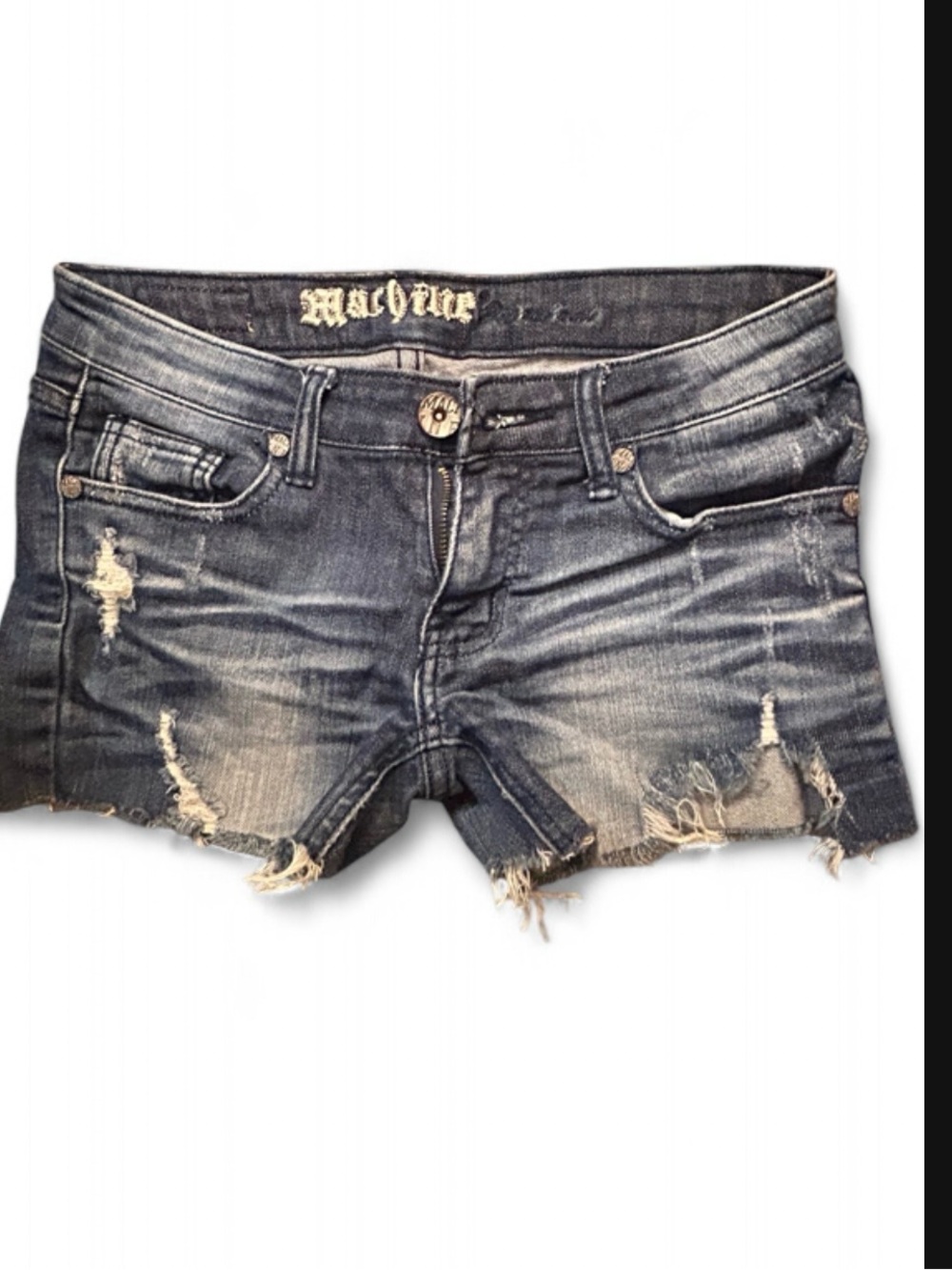 Machine Distressed Dark Wash Denim Cutoff Shorts